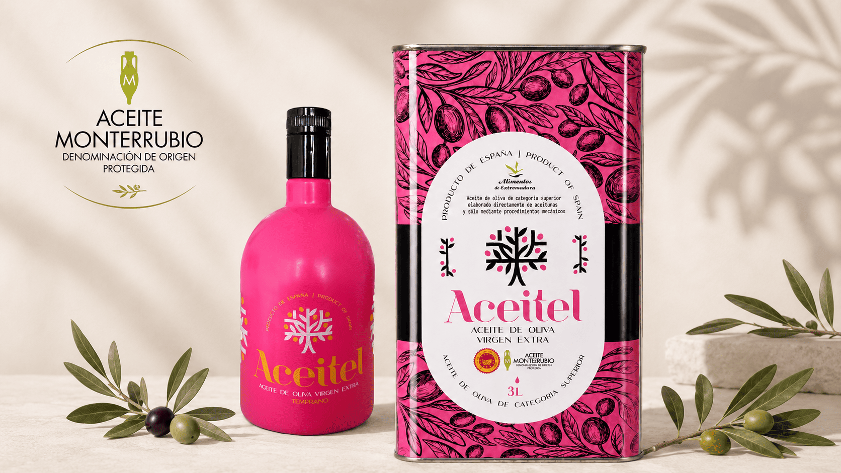 Aceite DOP Monterrubio virgen extra con denominación de origen protegida elaborado en la cooperativa La Milagrosa. Aceite de oliva virgen extra gourmet de cosecha temprana en botella de cristal de la cooperativa.
