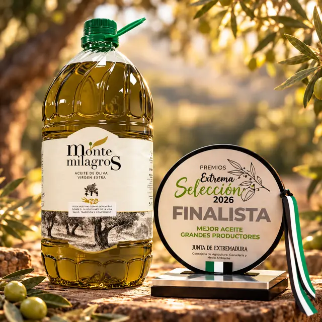 Pack de 3 garrafas de 5 litros de aceite de oliva virgen extra Montemilagros, primer premio a mejor aceite de grandes productores en los Premios Extrema Selección 2026, aceite de oliva premiado de Extremadura
